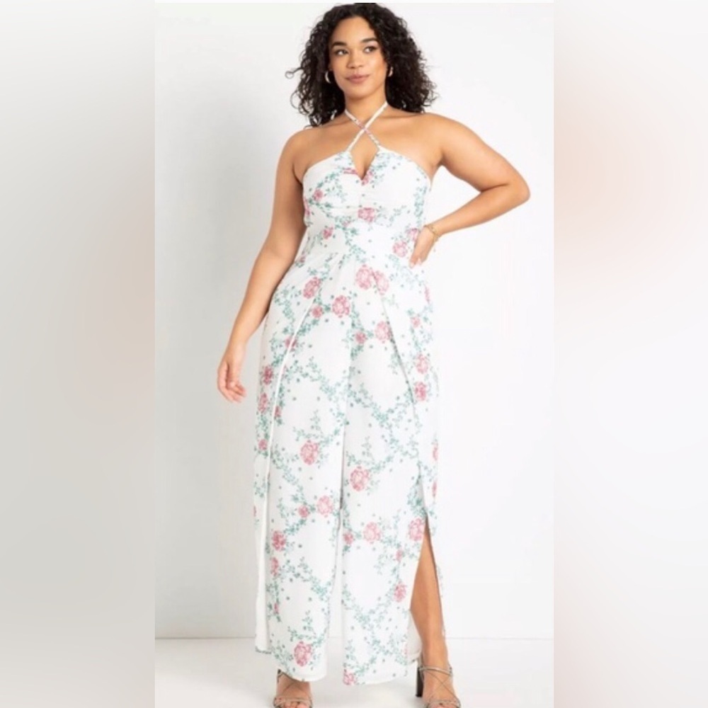 Eloquii|White chiffon floral halter jumpsuit with wide leg, open leg detail•••22 - Picture 3 of 17